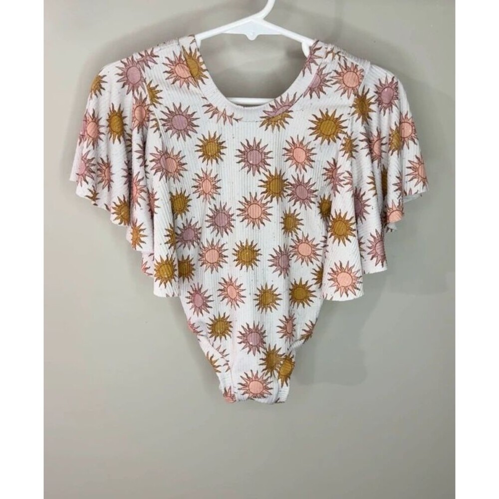 Boutique Boho Sunburst Ribbed Leotard 2T Flutter Sleeve Retro Sun One Piece